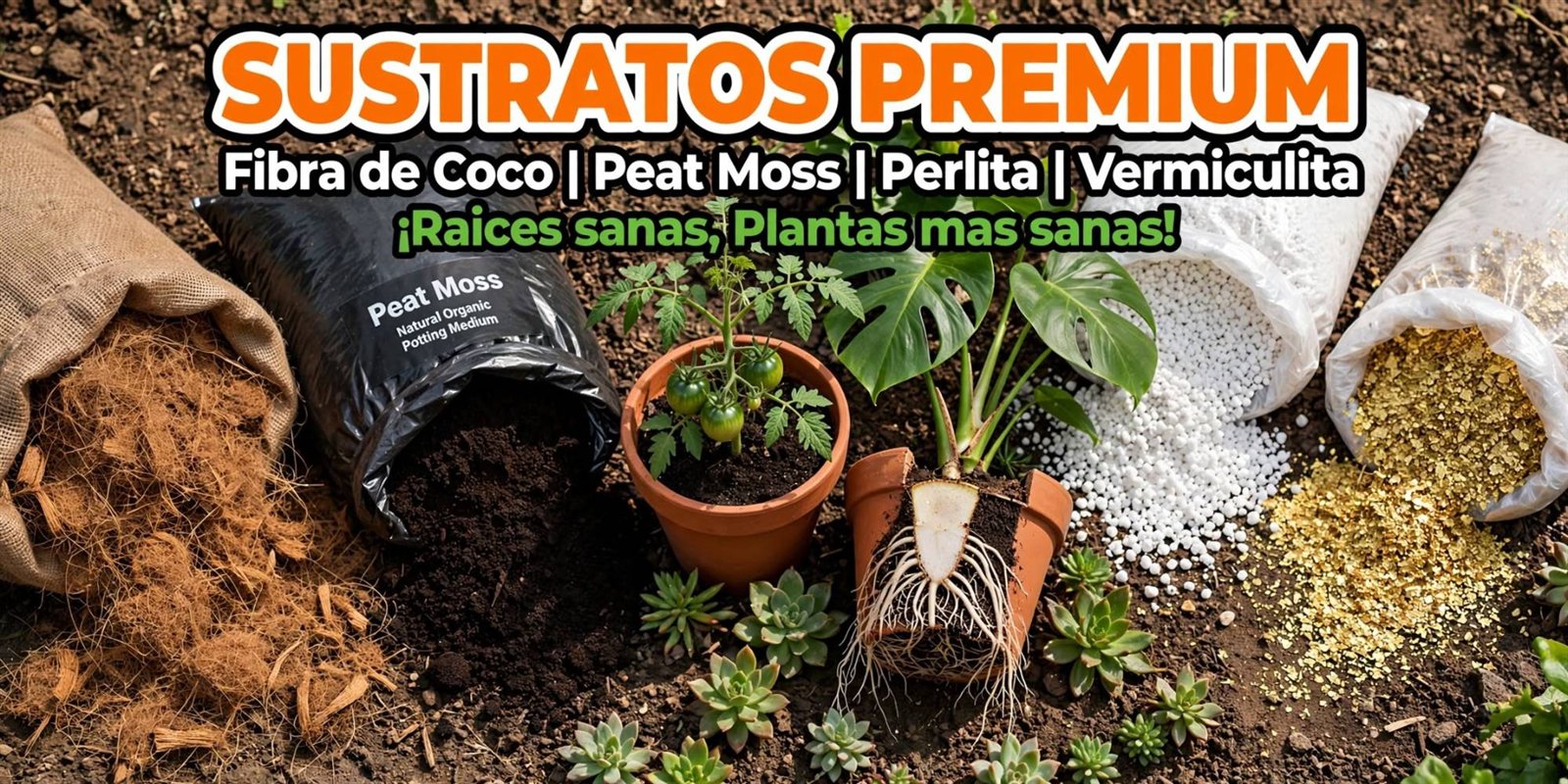 Sustratos premium: fibra de coco, peat moss, perlita y vermiculita