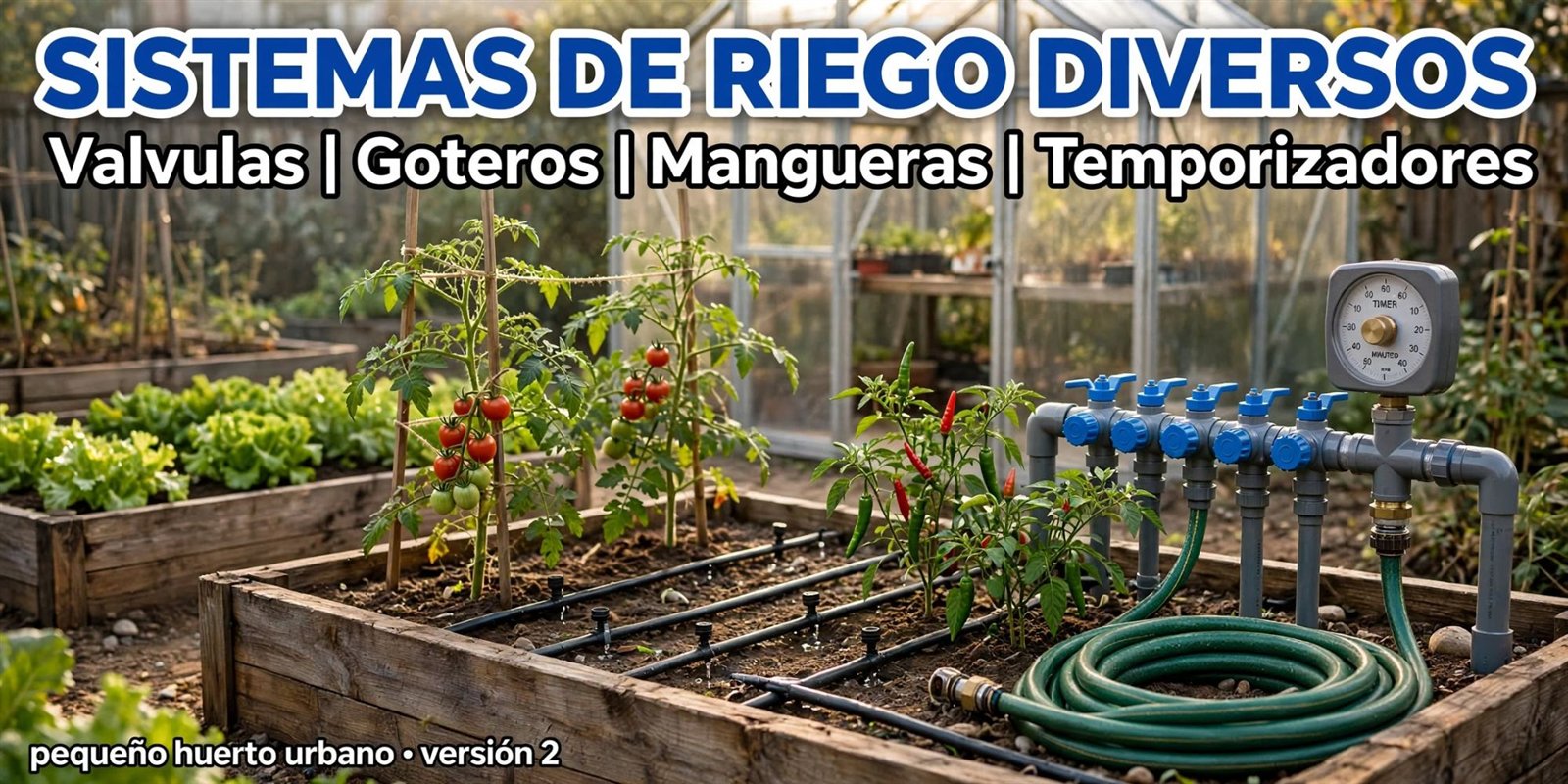 Sistemas de riego diversos: válvulas, goteros, mangueras y temporizadores
